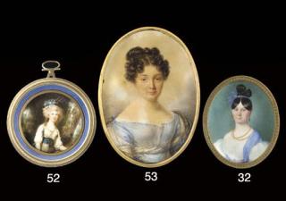 Candide Blaize - A young lady, in a blue dress with underslip, wearing a striped stole over her left arm, her hair dressed in curls