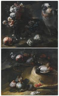 Candido Vitali - A Still Life With A Straw Hat, Figs, Cherries And Other Fruits In A Basket; A Still Life With Flowers In A Vase, Fruits And A Dog