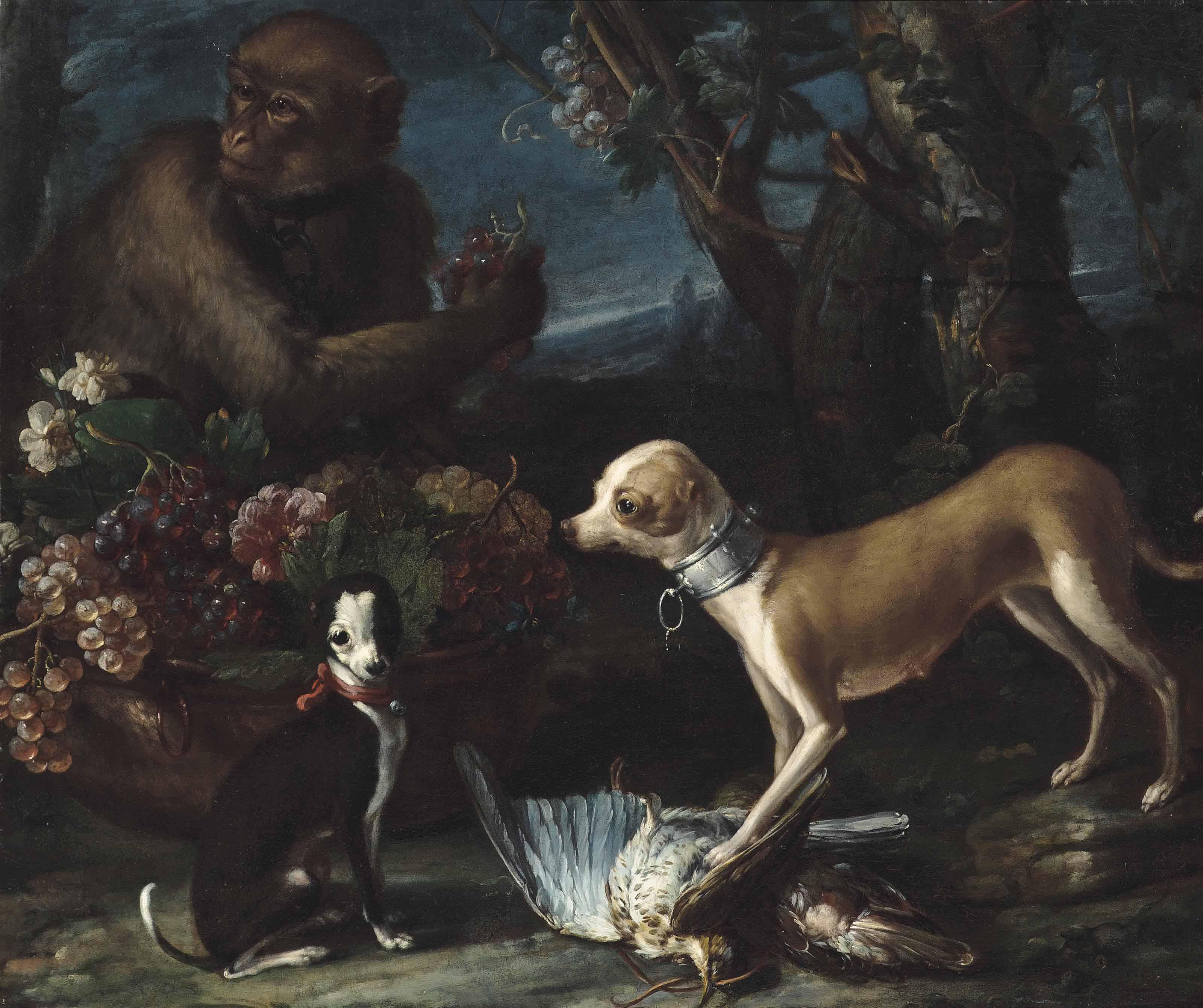 Candido Vitali - Two dogs, a brace of woodcock, a monkey holding a bunch of grapes, with flowers and grapes in a copper urn, in a landscape