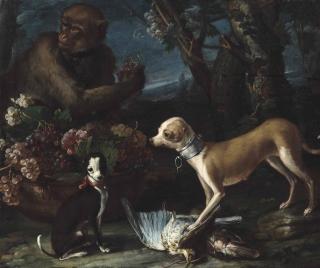 Candido Vitali - Two dogs, a brace of woodcock, a monkey holding a bunch of grapes, with flowers and grapes in a copper urn, in a landscape