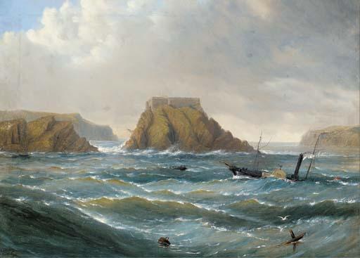 Captain Haughton Forrest - A paddle steamer in a heavy swell off a fortified rocky outcrop