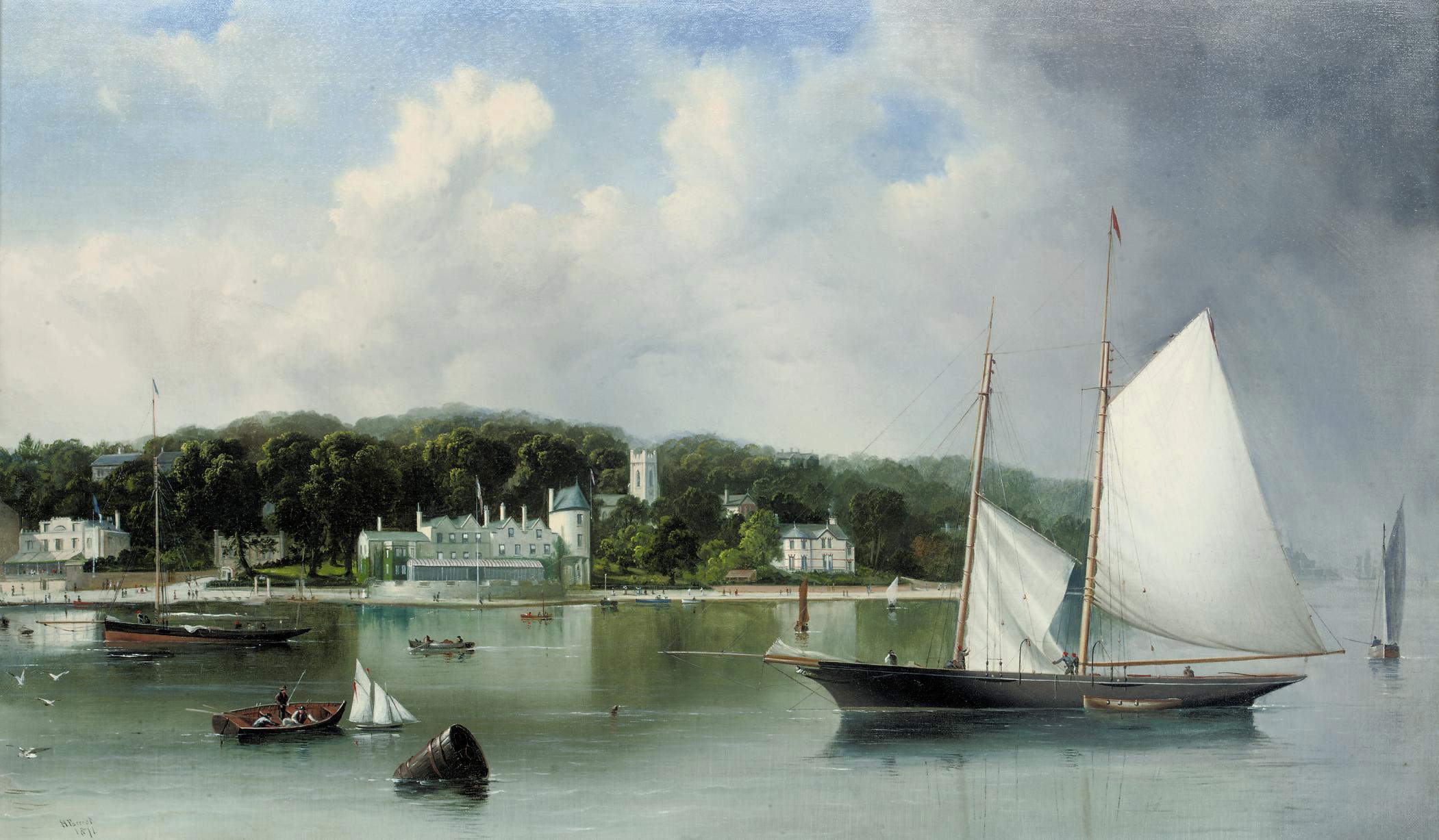 Captain Haughton Forrest - A two-masted racing schooner settling on the tide off the Royal Yacht Squadron, Cowes