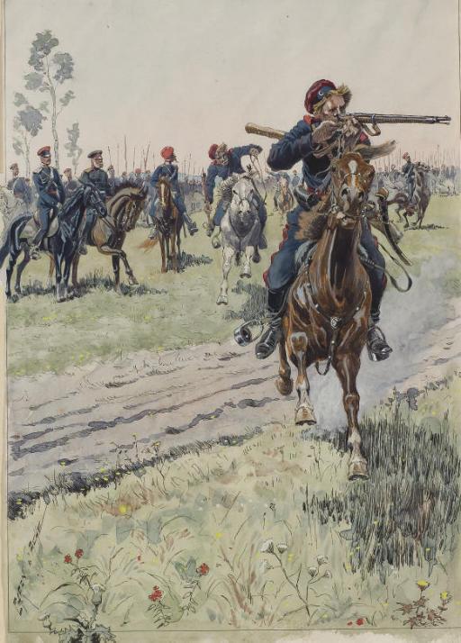 Caran D\'Ache - Un cavalier prêt à tirer, des officiers à cheval à l\'arrière-plan