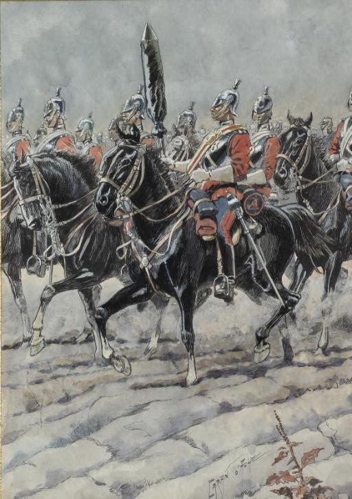 Caran D\'Ache - Un groupe de soldats lanciers à cheval
