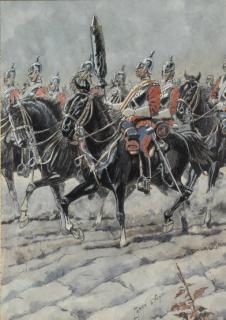 Caran D\'Ache - Un groupe de soldats lanciers à cheval