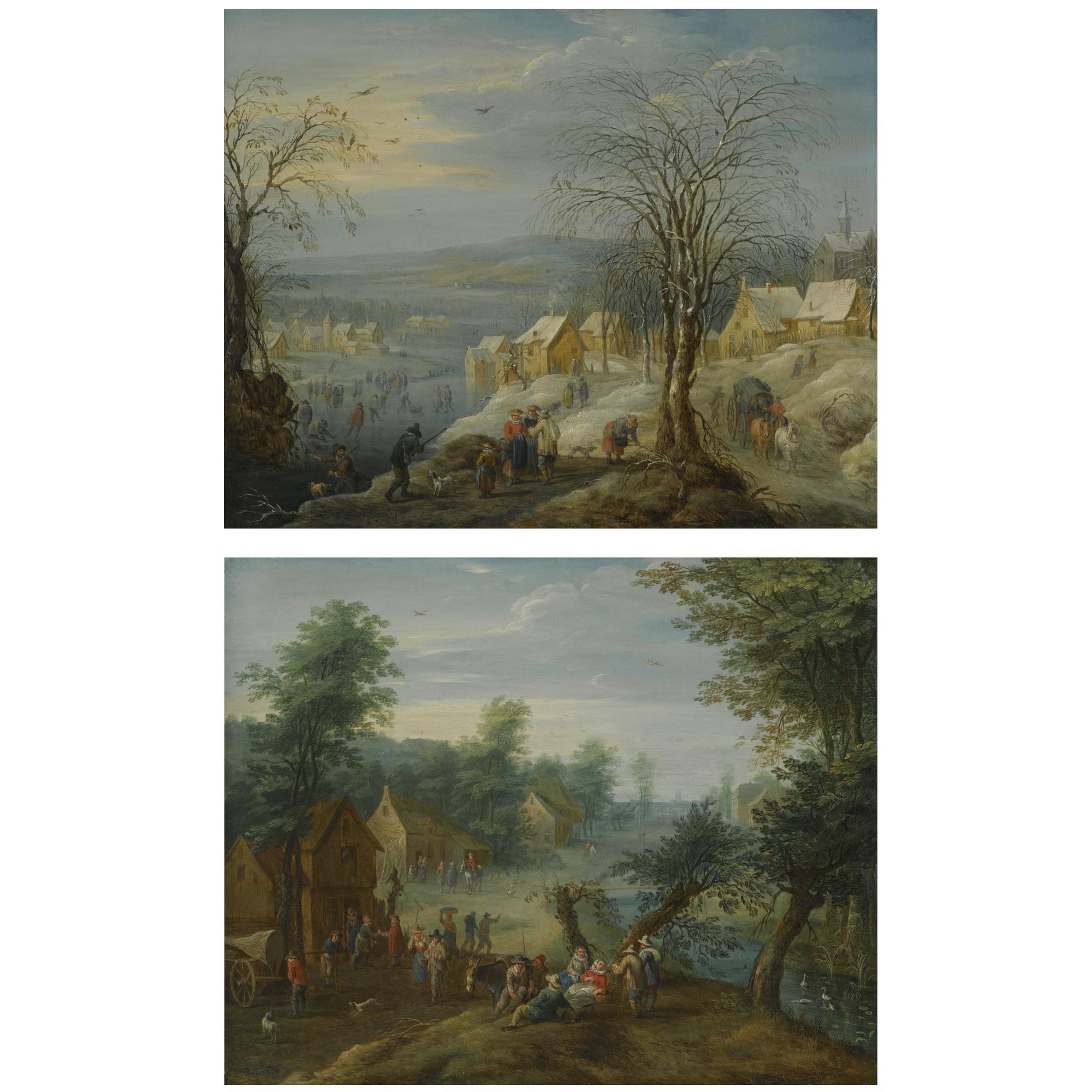 Carel Beschey - A Winter Landscape With Hunters And Skaters On A Frozen River Running Through A Village; A Summer Landscape With Villagers Resting By A Stream