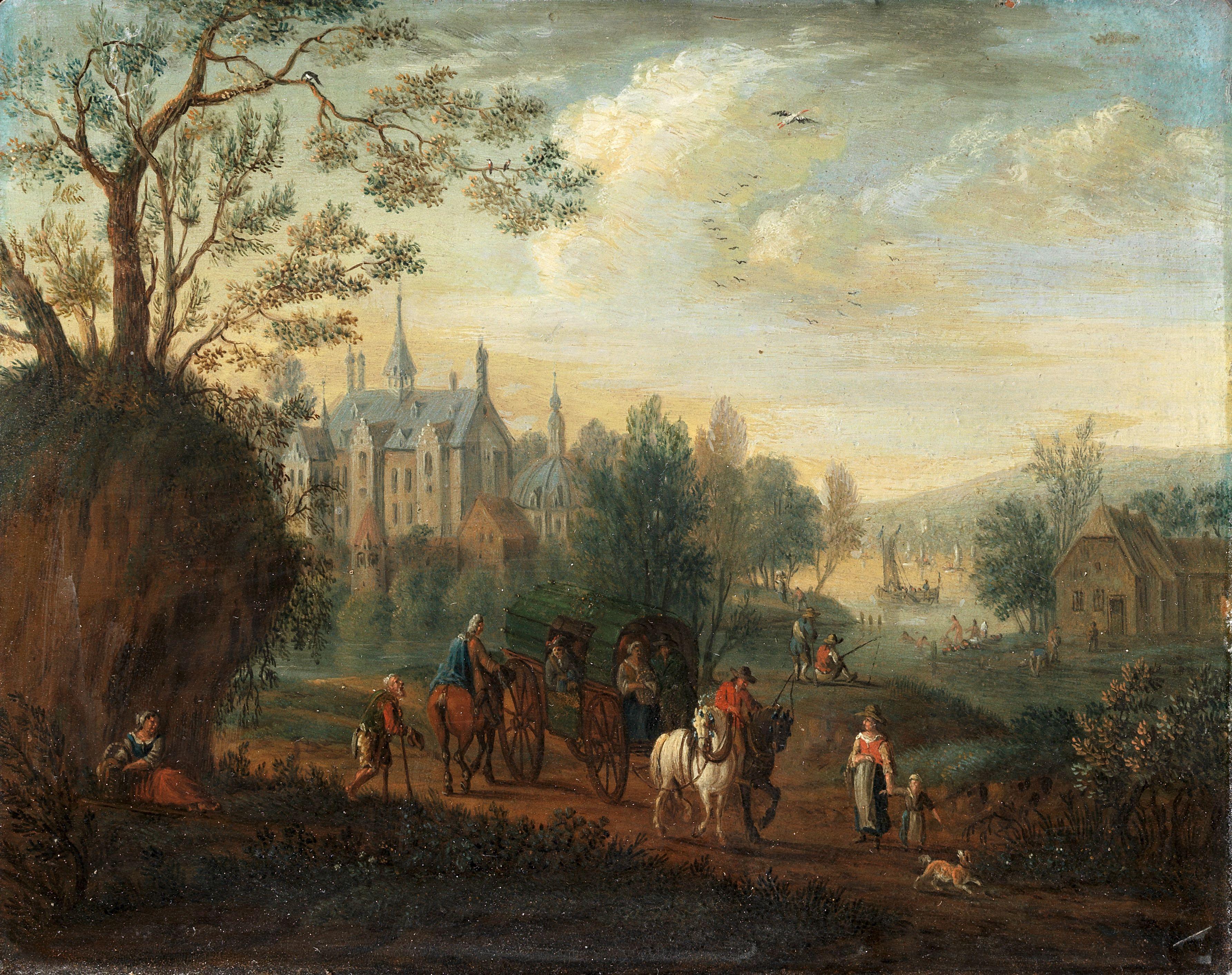 Carel Breydel - Figures in a wagon before a river landscape, a view to a church beyond; and Travellers on a wooded path a view to an extensive river landscape beyond