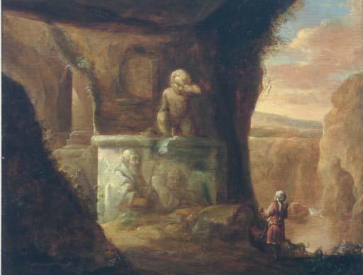 Carel Cornelisz. de Hooch - A huntsman and his dog in a cave by classical ruins, a river beyond