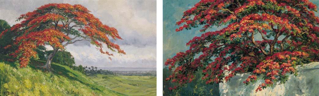 Carel Lodewijk Dake - A flamboyant in the landscape; A flamboyant by the wall