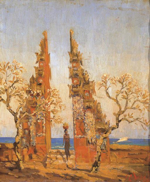 Carel Lodewijk Dake - A girl at the entrance of the Pura with a view of the sea