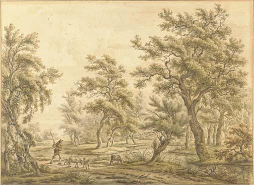 Carel Lodewijk Hansen - A Herdsman And His Sheep On A Path Near A Stream In A Forest Landscape