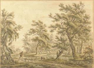 Carel Lodewijk Hansen - A Herdsman And His Sheep On A Path Near A Stream In A Forest Landscape