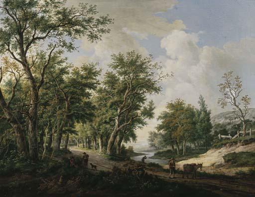Carel Lodewijk Hansen - A wooded landscape with travellers conversing by the edge of a forest, another traveller with his mule on a path