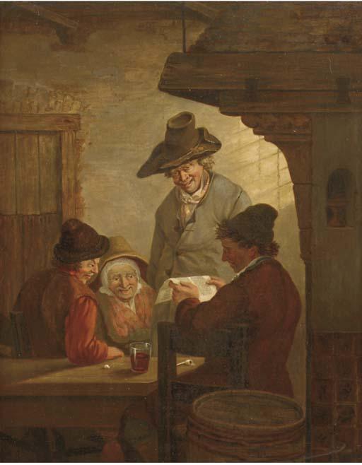 Carel Lodewijk Hansen - An interior with a peasant reading to three listeners