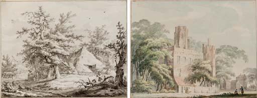 Carel Lodewijk Hansen - The forest near Gieten with a woodcutter near a farmhouse, figures at a well beyond