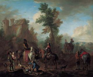 Carel van Falens - A hunting party halting after the chase