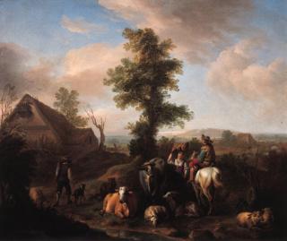 Carel Van Falens - A peasant woman meeting a shepherd on a river bank in a summer landscape