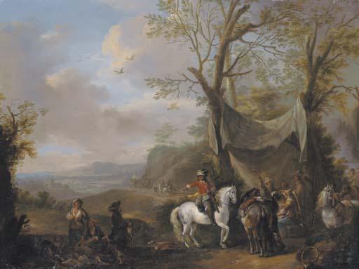 Carel Van Falens - An extensive landscape with a hunting party taking refreshment under an awning