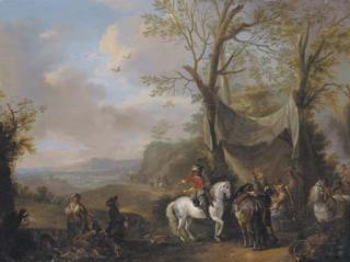 Carel Van Falens - An extensive landscape with a hunting party taking refreshment under an awning