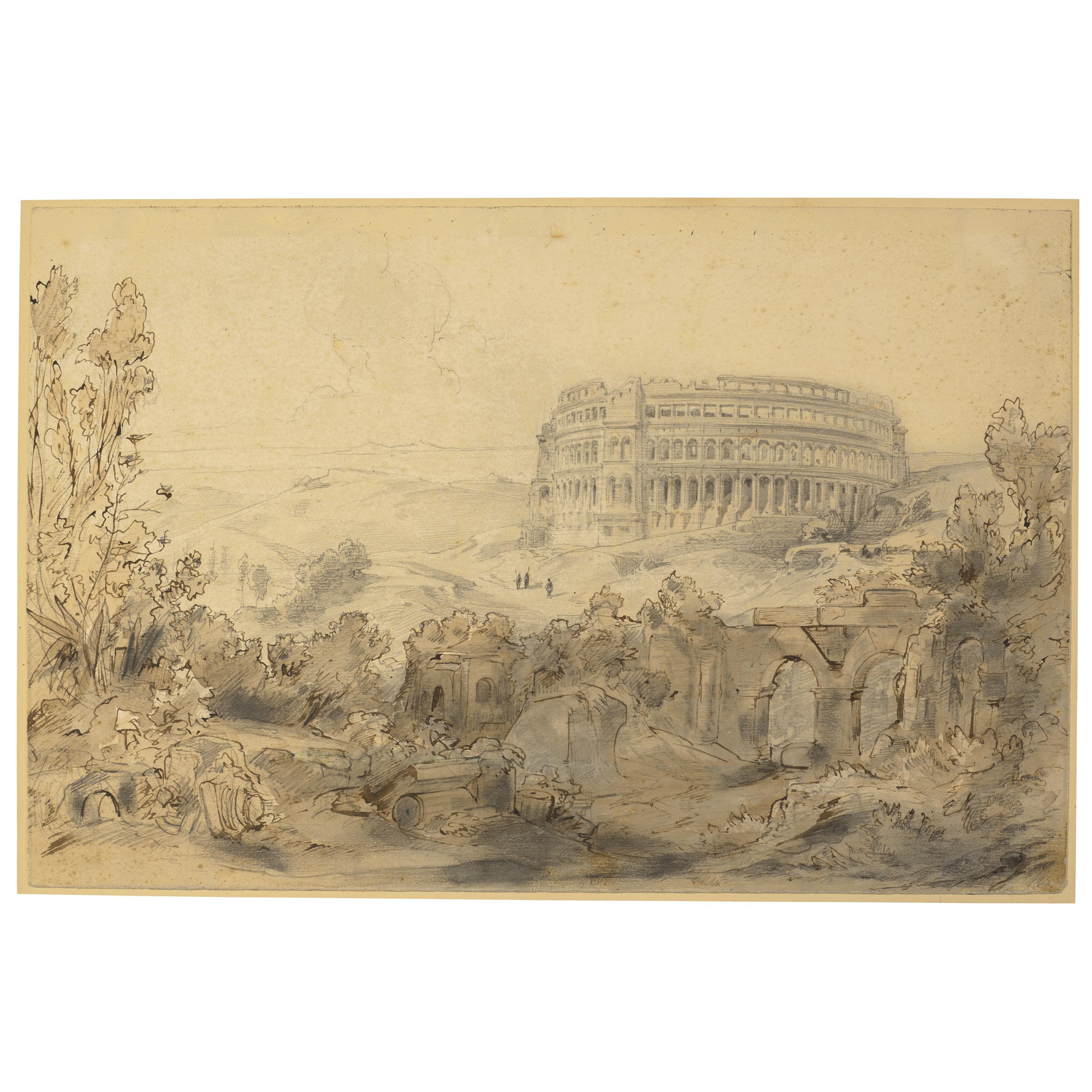 Carl Anton Joseph Rottmann - An extensive landscape with the roman amphitheater at Pula