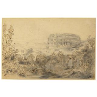 Carl Anton Joseph Rottmann - An extensive landscape with the roman amphitheater at Pula