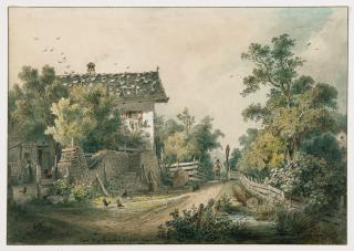 Carl August Lebschée - Ein Gehöft mit Wanderer bei München.