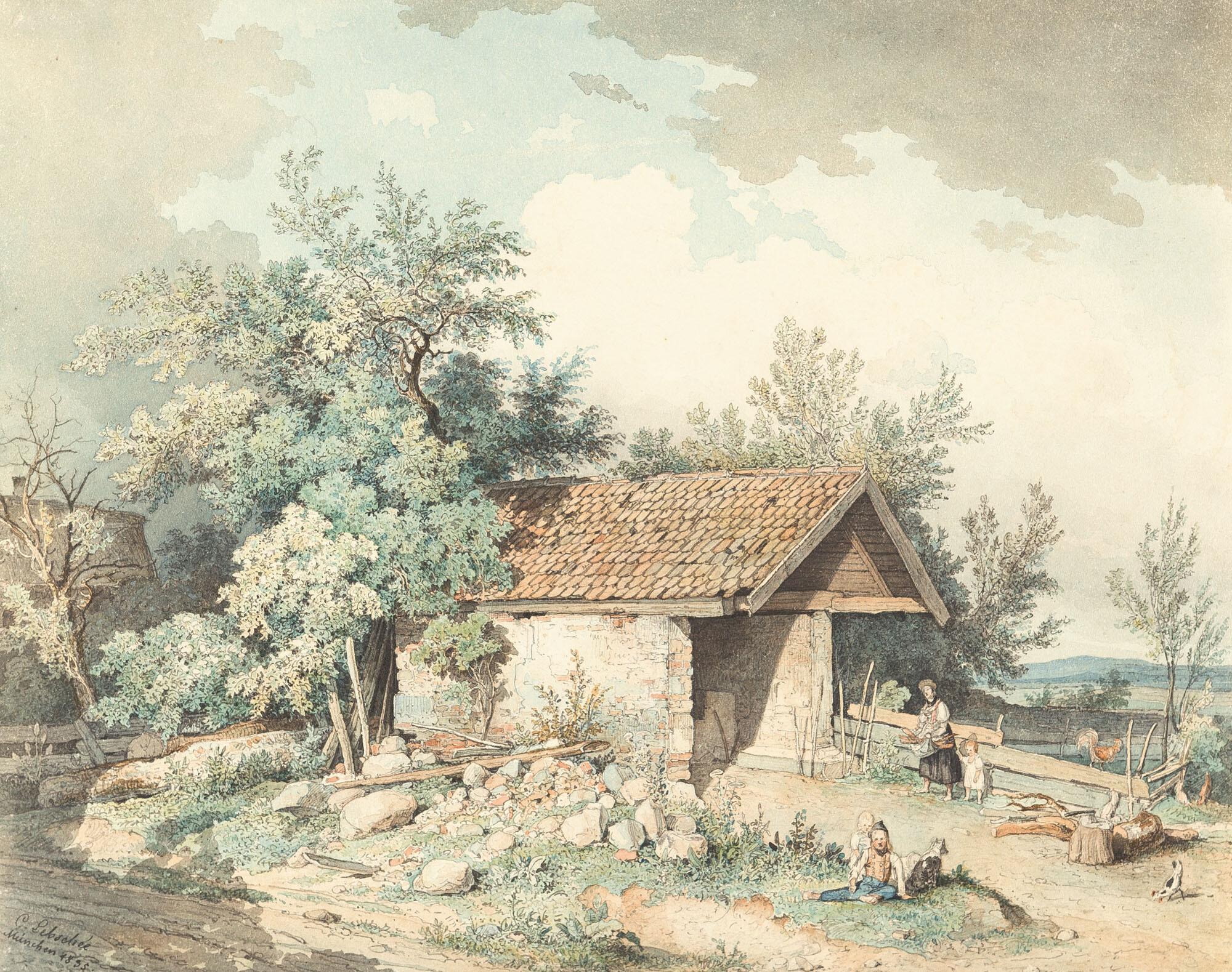 Carl August Lebschée - Kleine Hütte mit Bauernfamilie.