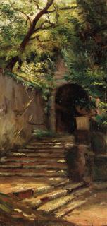 Carl August Lebschee - Sun-dappled steps; and An entrance to an estate