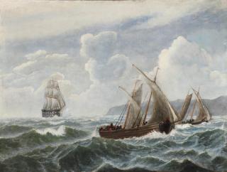 Carl Baagøe - A battle scene with warship and pirates off a North African coast