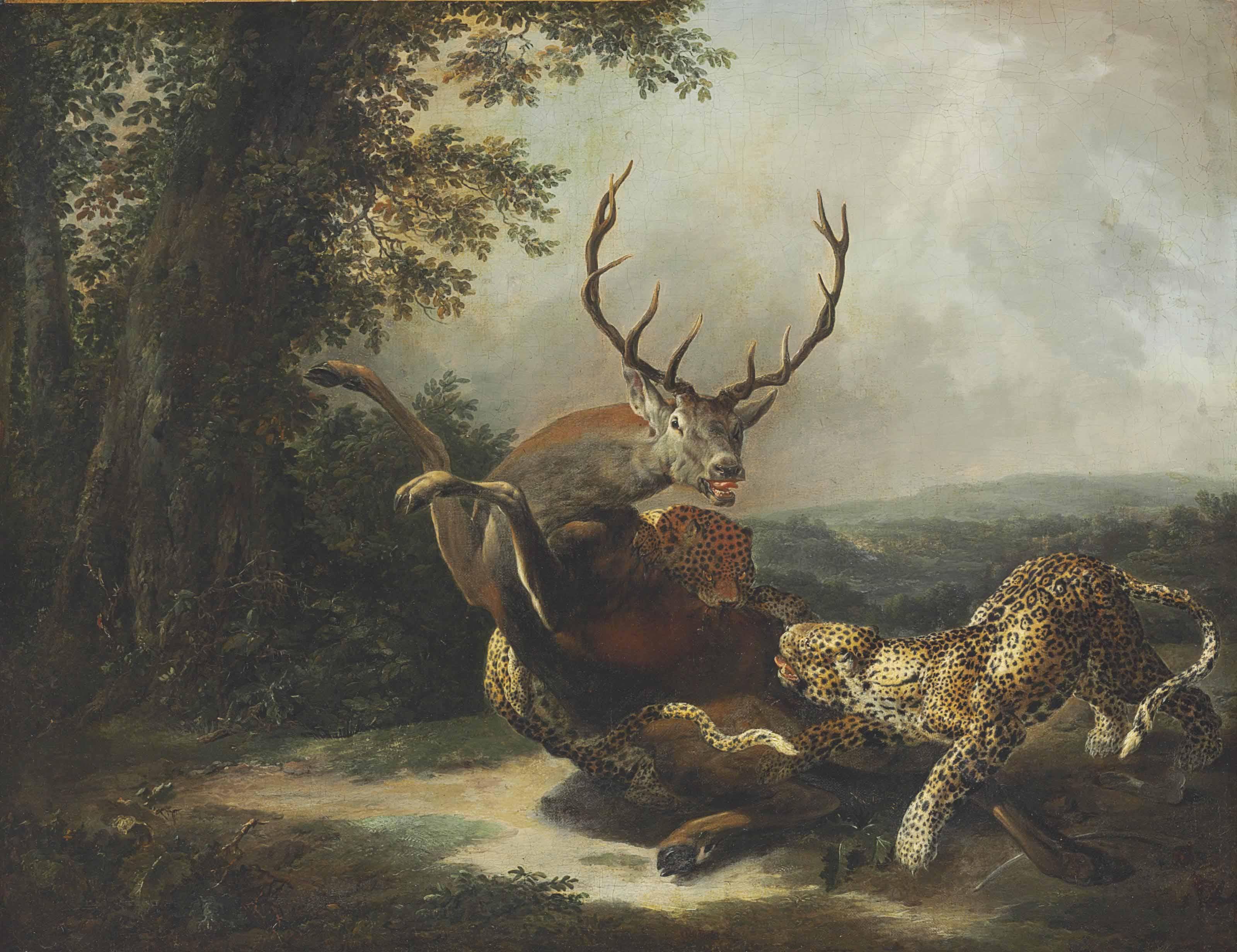 Carl Borromäus Andreas Ruthart - A Leopard Attacking A Stag In A Landscape