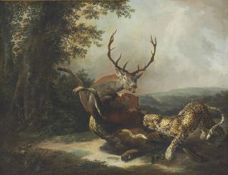 Carl Borromäus Andreas Ruthart - A Leopard Attacking A Stag In A Landscape