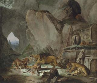 Carl Borromäus Andreas Ruthart - A lion and a tiger fighting over a fallen stag before a classical sarcophagus in a cave, a landscape with a pyramid beyond