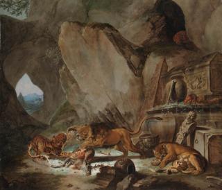 Carl Borromäus Andreas Ruthart - A lion and a tiger fighting over a fallen stag before a classical sarcophagus in a cave, a landscape with a pyramid beyond
