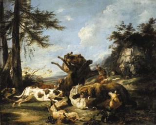 Carl Borromäus Andreas Ruthart - Bears and hounds fighting in a landscape