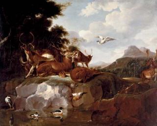 Carl Borromäus Andreas Ruthart - Deer, ducks, a rabbit, a spoonbill and other animals in a landscape