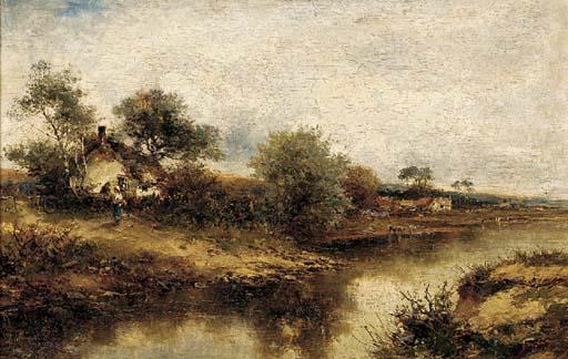 Carl Brennir - Figures by a cottage in a river landscape