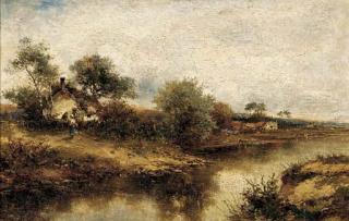 Carl Brennir - Figures by a cottage in a river landscape