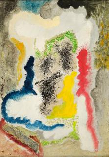 Carl Buchheister - „Komposition in organischen Formen mit Dreiklang gelb-rot-blau“.