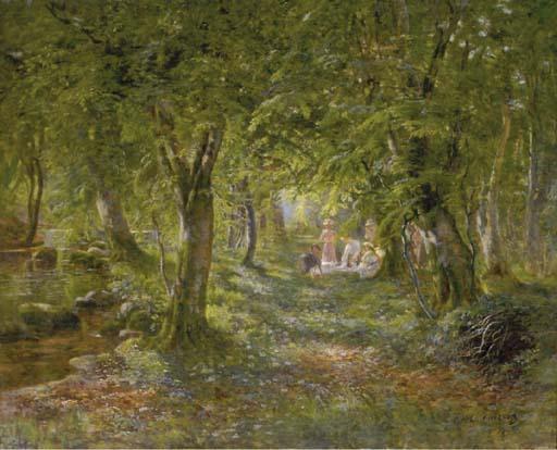 Carl Carlsen - Figures picnicing in a forest interior