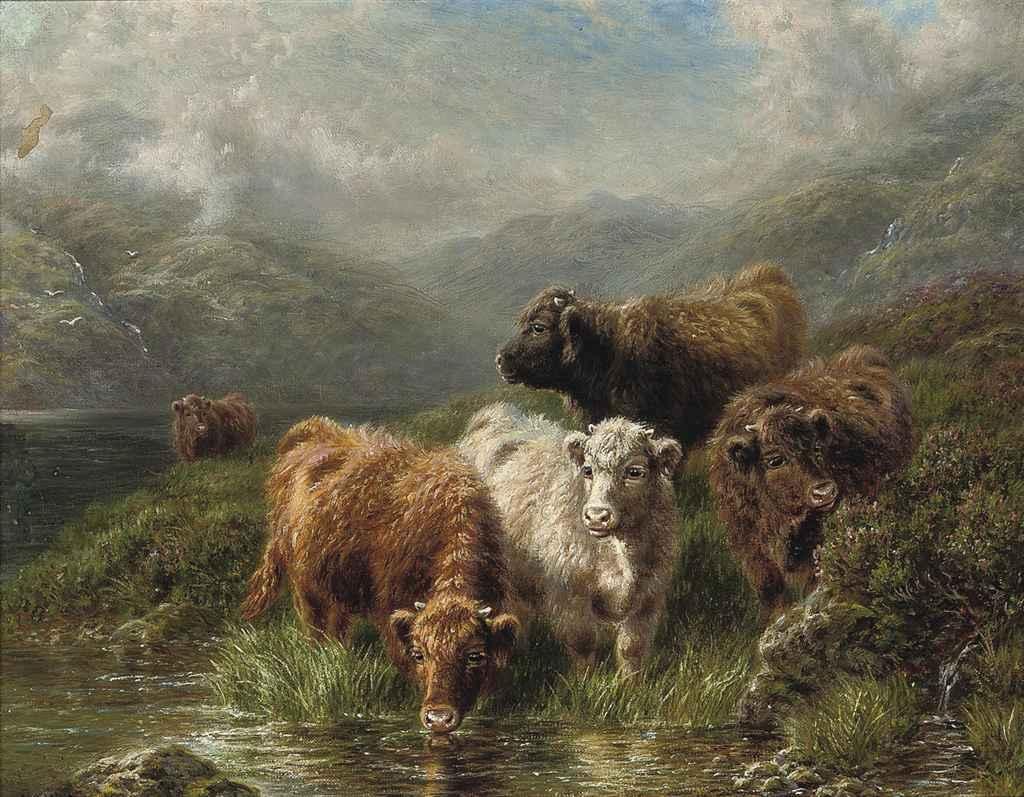 Carl E. Watson - Highland calves by the Loch side, Loch Tay