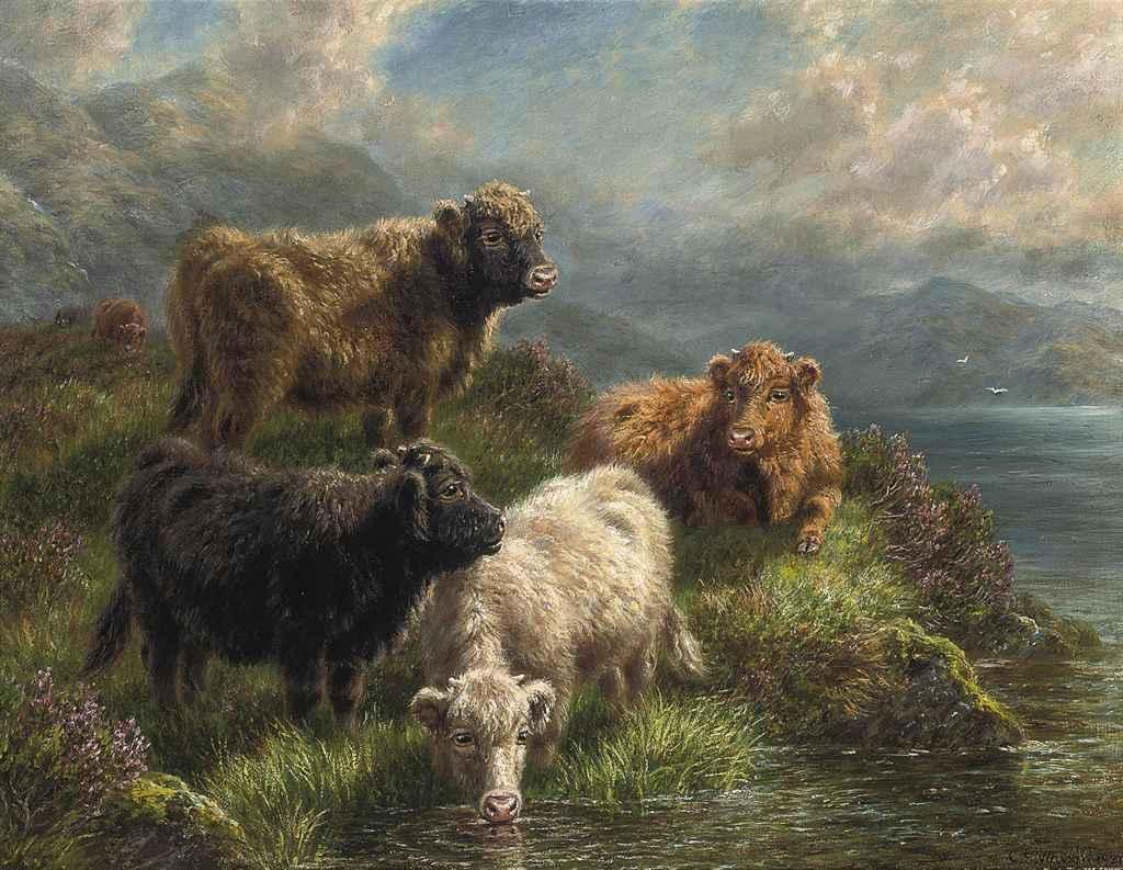 Carl E. Watson - Highland calves on the banks of Loch Tay