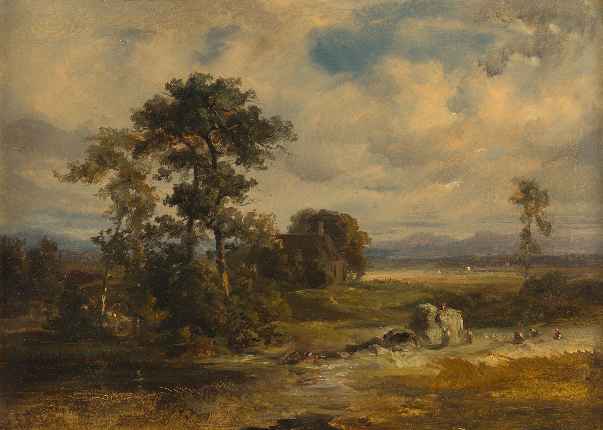 Carl Ebert - Voralpenlandschaft mit Bauern bei der Ernte.