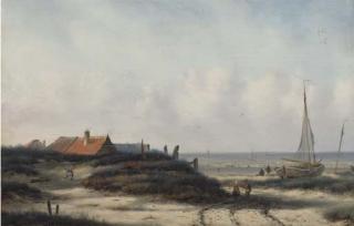 Carl Eduard Ahrendts - Fisherfolk by a village on the Dutch coast