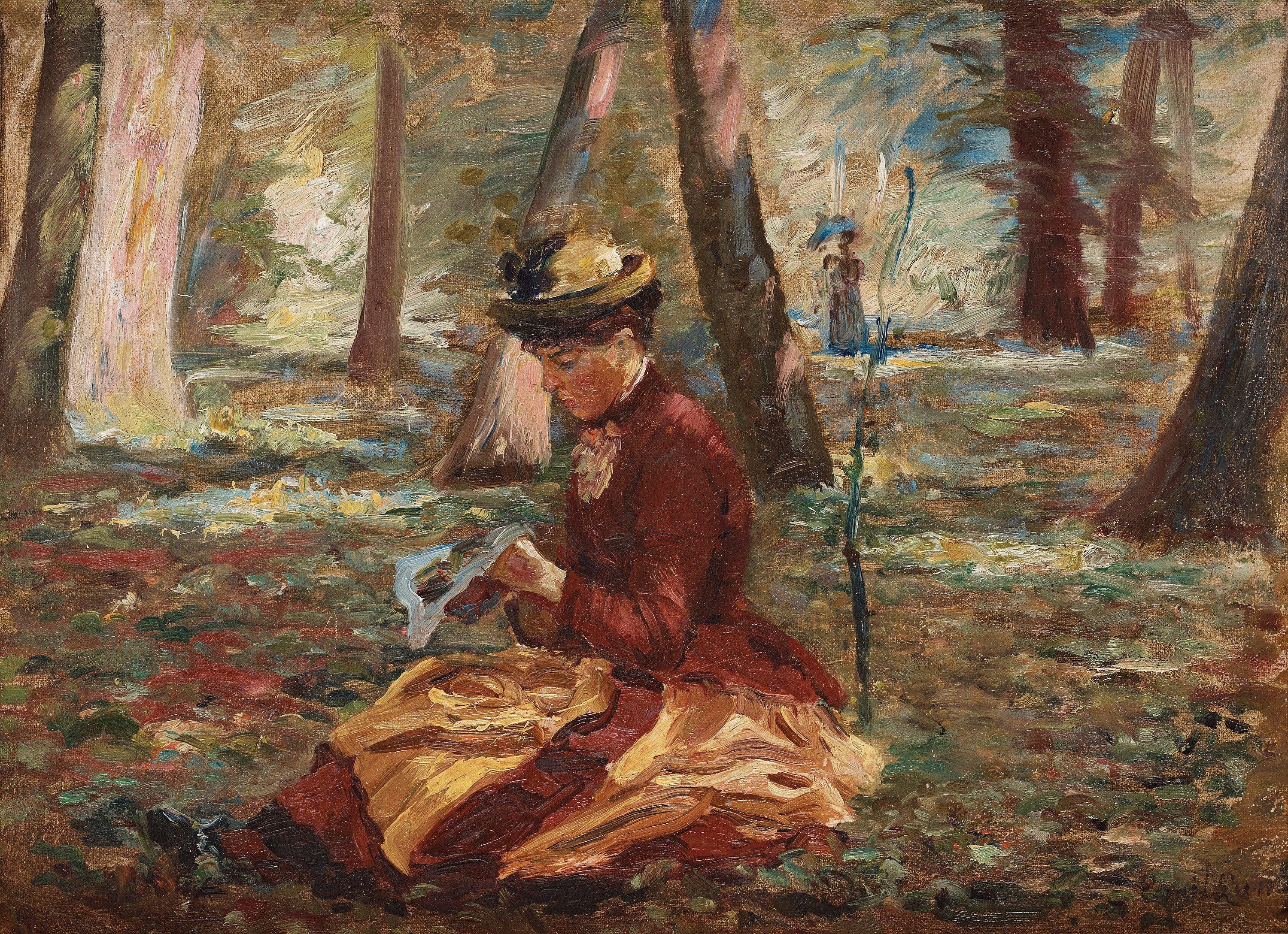 Carl Emil Lund - Woman knitting in the park