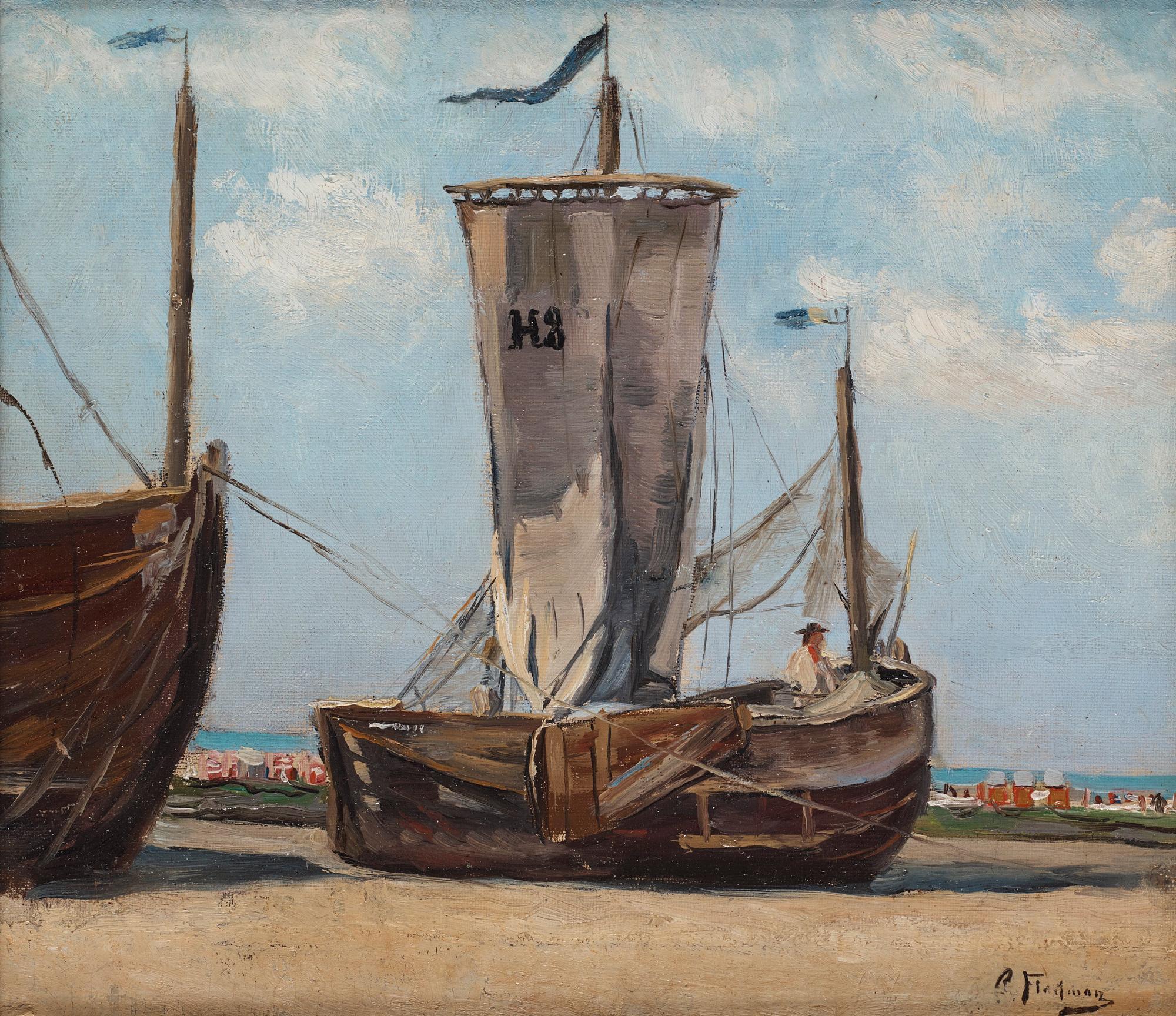 Carl Flodman - Beach scene with moored boats. In the background, so-called \