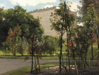 Carl Frederic Aagaard - A colonnade on the edge of a park with roses in bloom
