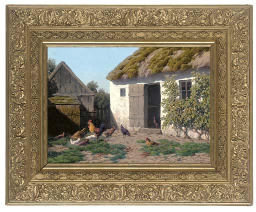 Carl Frederik Bartsch - A Cockerel And Hens Feeding In A Farmyard