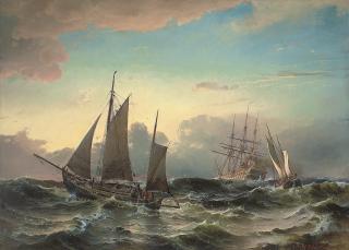 Carl Frederik Sorensen - The Swedish screw battleship Stockholm in heavy seas, with small craft nearby