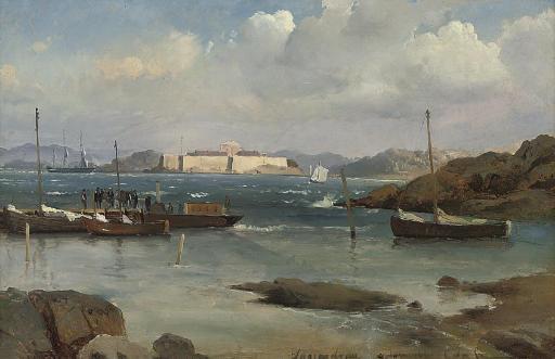 Carl Fredrick Sorensen - Figures on the landing stage at Langedrag, Sweden