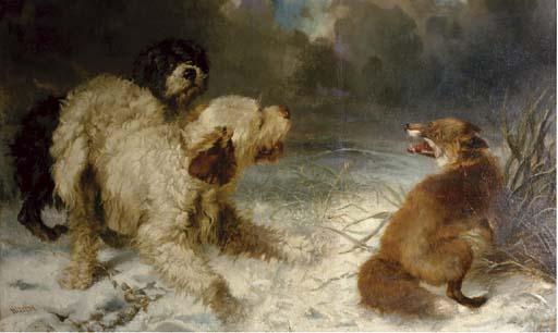 Carl Fredrik Kiörboe - A Fox Trapped By Two Hunting Dogs